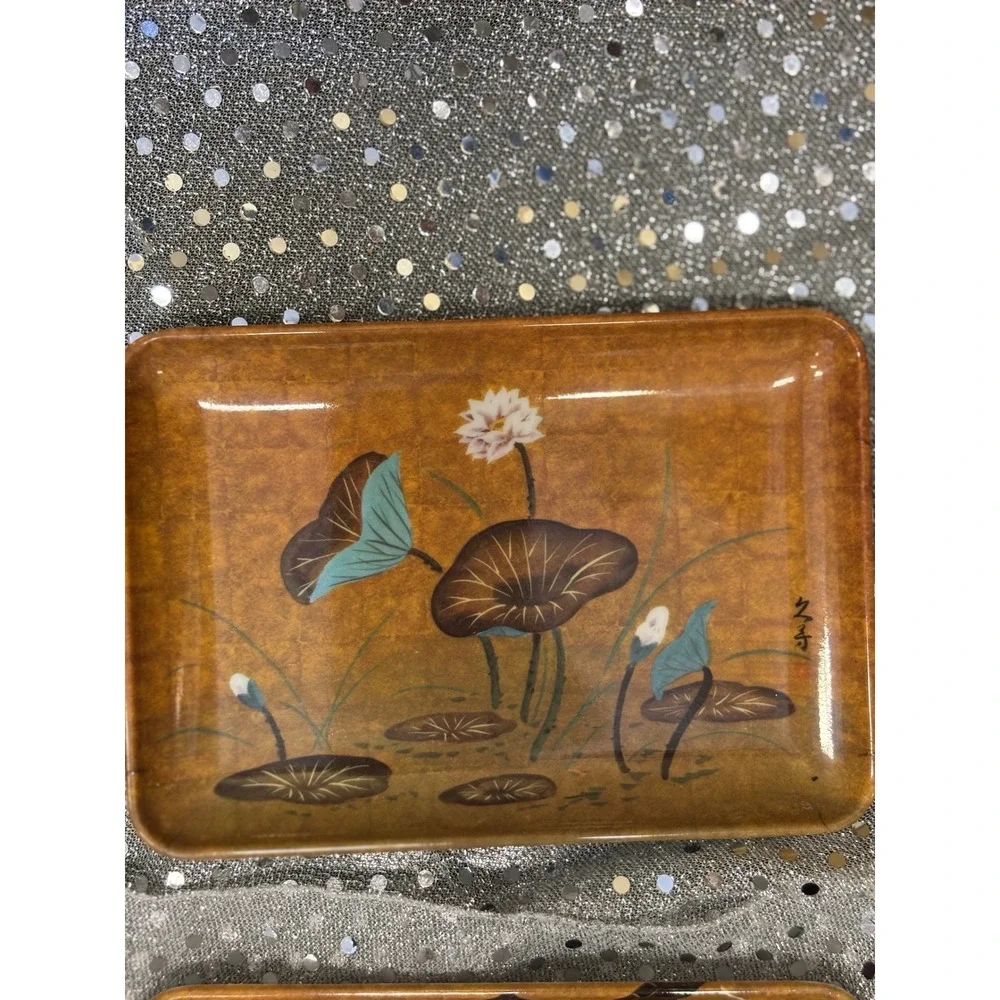 Vintage RDS Import Japanese Crane Lotus Melamine Trinket Trays Set of 2 Brown